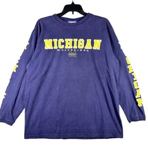 VINTAGE 90s Michigan Wolverines Shirt Men's XL Long Sleeve Blue Logo Retro